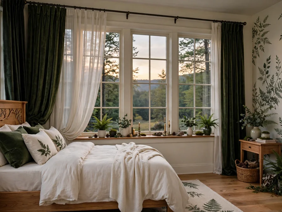 Dark green velvet curtains beside a bed
