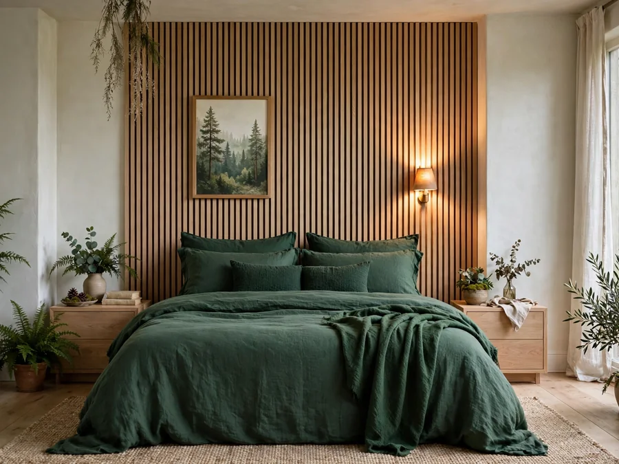 Wood slat panel wall behind a bed
