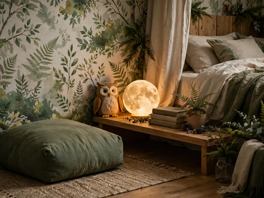 Small reading corner with a round moon lamp