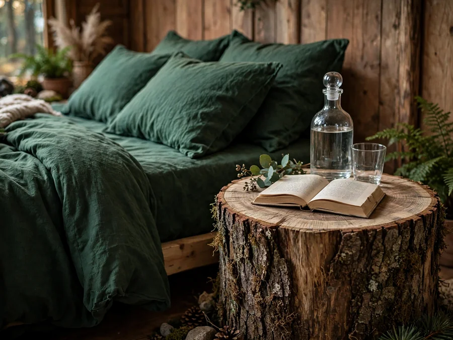 Tree stump stool used as a nightstand