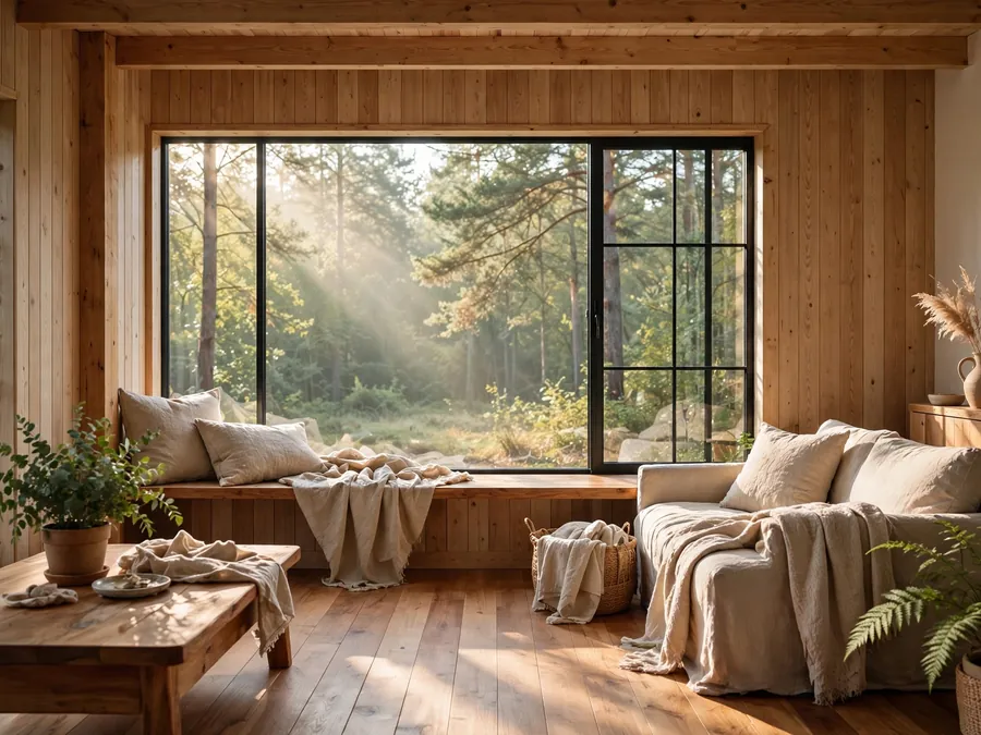 Calm woodland home in morning light