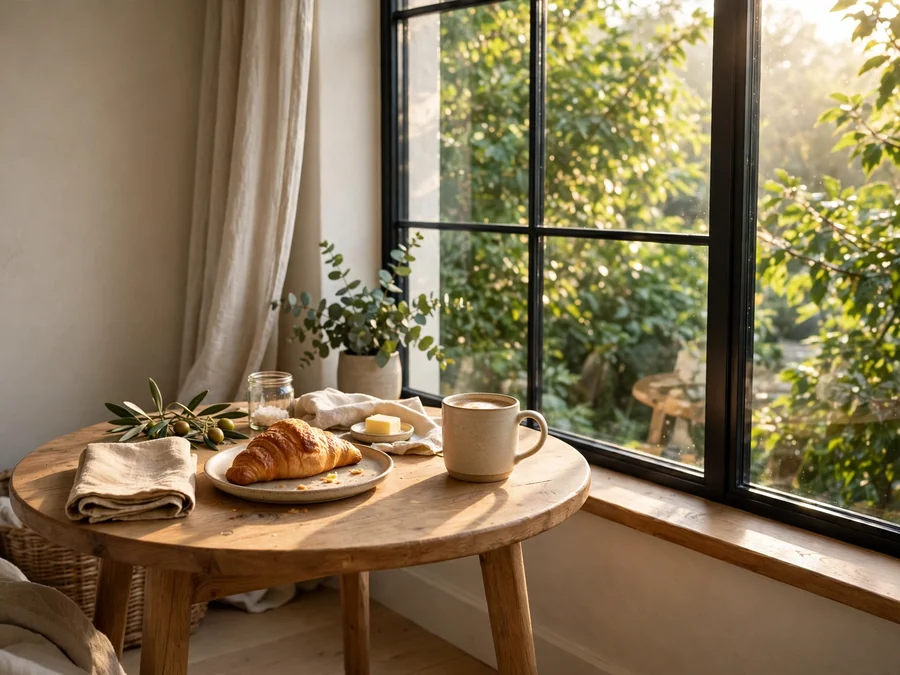 Morning light over a small breakfast table