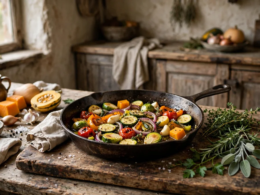 Seasonal vegetables cooking in a cast-iron pan