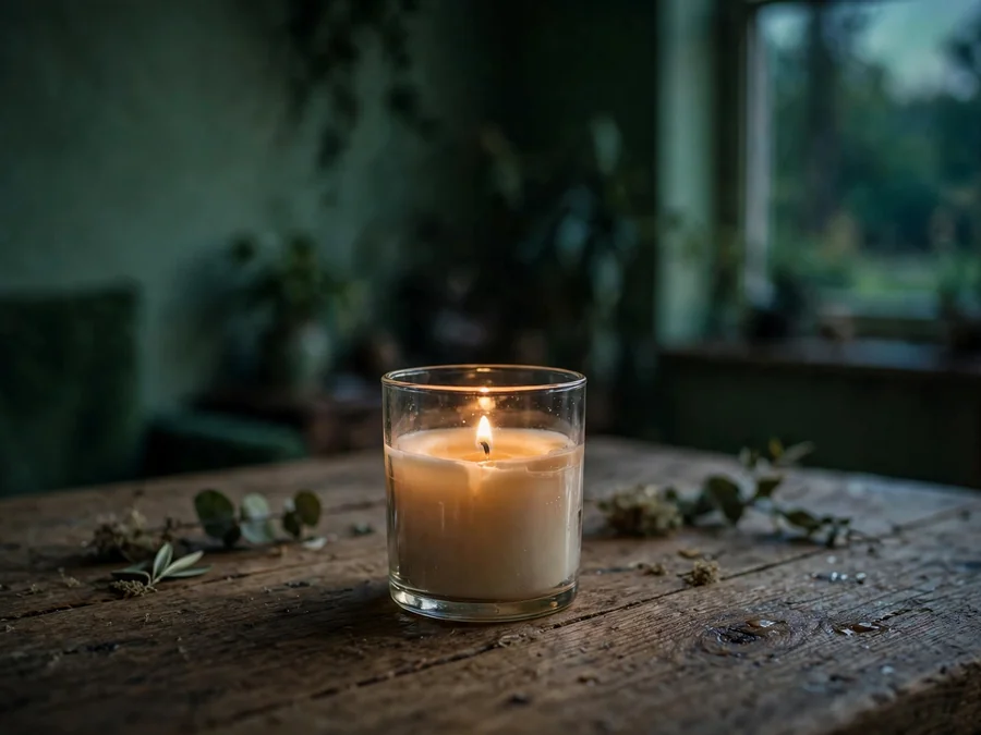 One lit candle on a wooden table at dusk