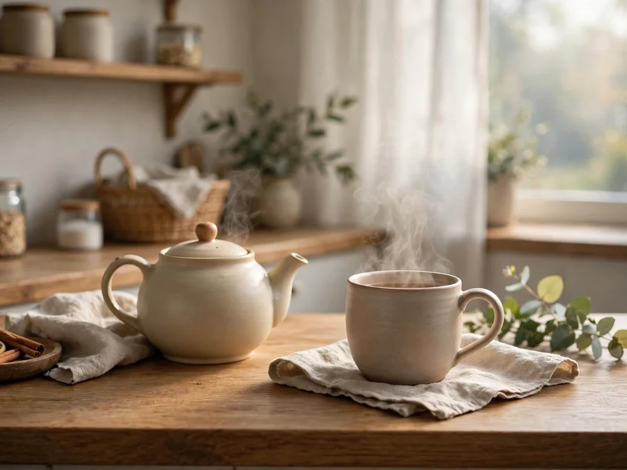 Teapot and mug steaming on a wooden counter