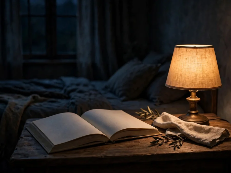 Open book beside a warm lamp at night