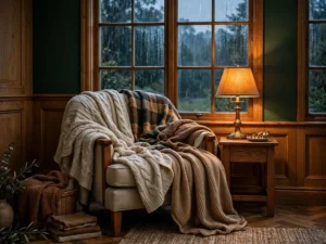Lamplit corner with layered blankets and rain on the window