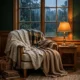 Lamplit corner with layered blankets and rain on the window