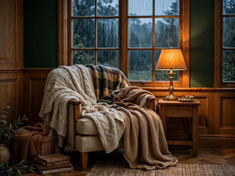 Lamplit corner with layered blankets and rain on the window