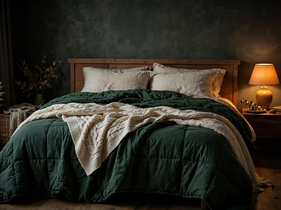 Weighted blanket and wool throw layered on a bed in lamplight