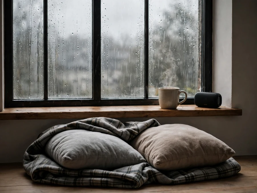Cushion nest under a window streaked with rain