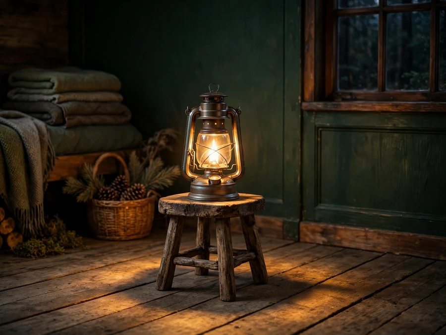 Glowing lantern on a wooden stool in a dim green room