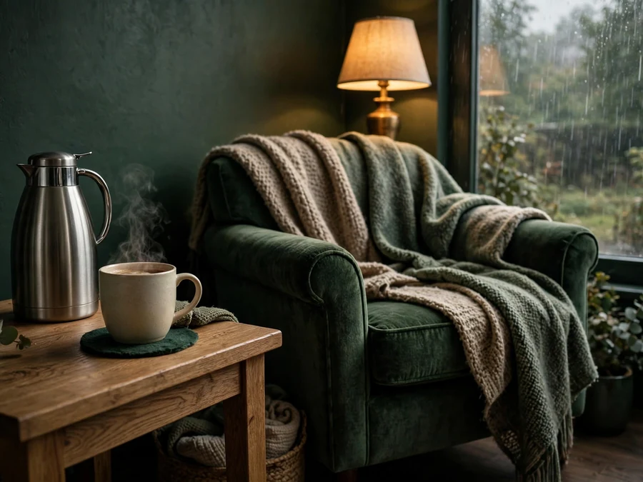 Insulated carafe and steaming mug on a side table beside a draped chair