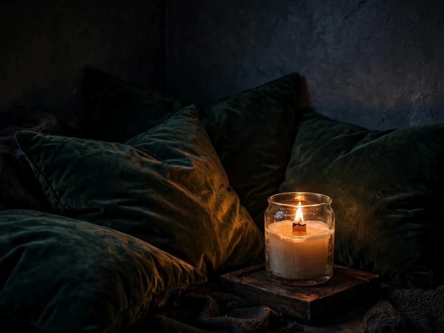 Single candle burning on a tray in a dark cozy corner