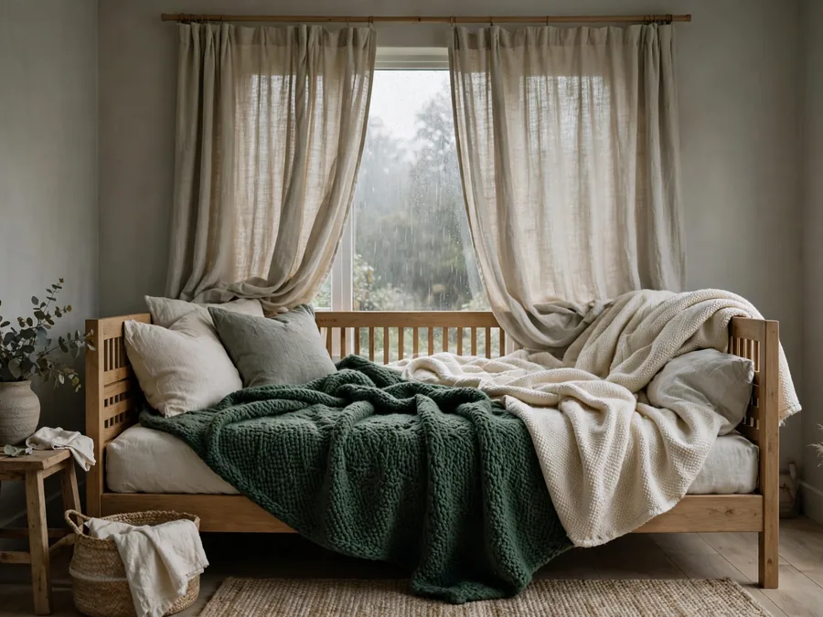 Heavy blanket on a daybed in soft grey daylight