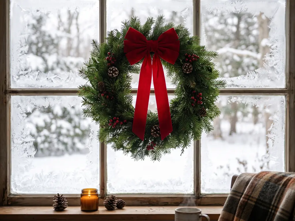 Frosted window with a wreath and large red bow