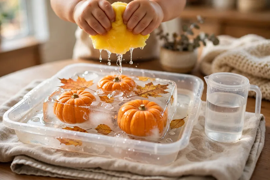 Toddler squeezing a sponge over frozen mini pumpkins