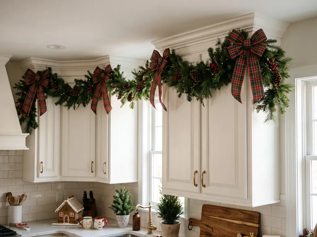 Garland with large plaid bows above kitchen cabinets
