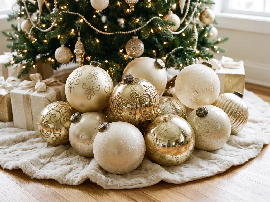 Giant oversized cream and gold Christmas baubles at the base of a tree