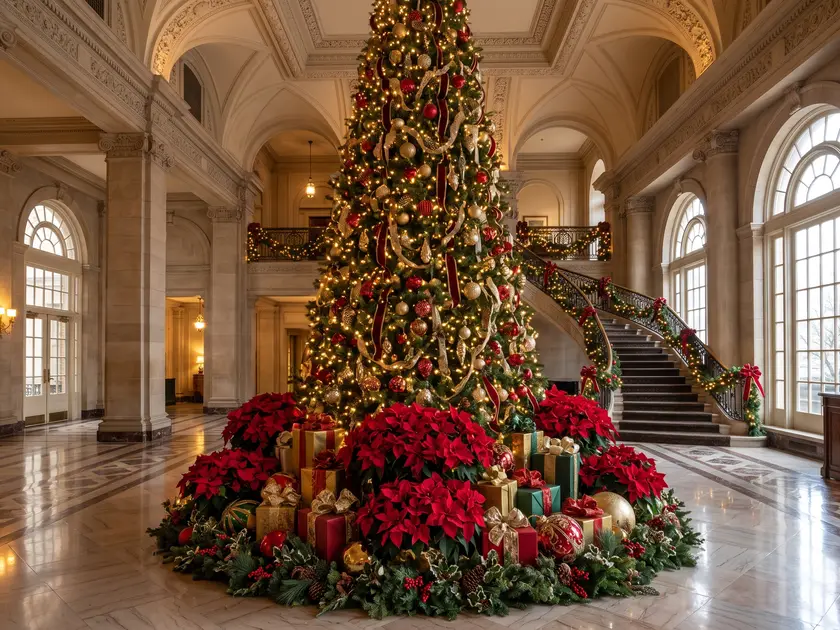 Very tall Christmas tree in a high-ceilinged room