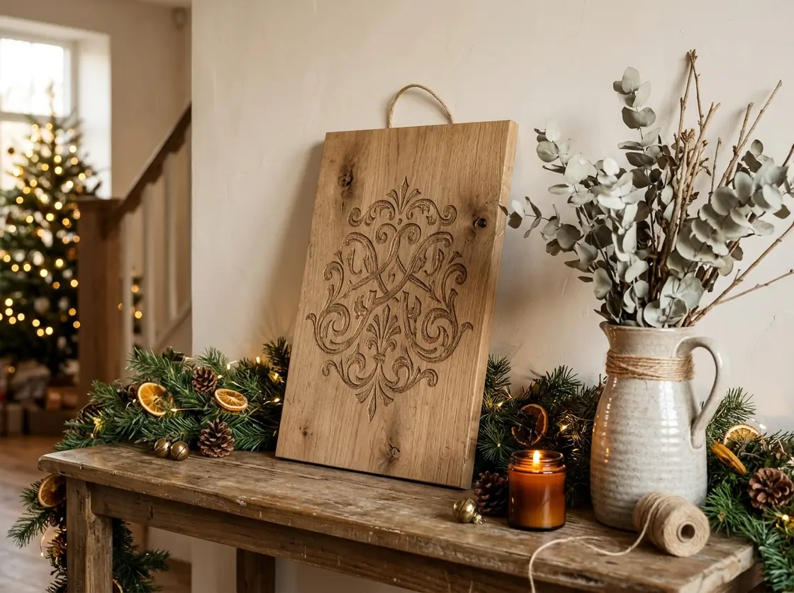 Engraved oak family name sign on a hallway console