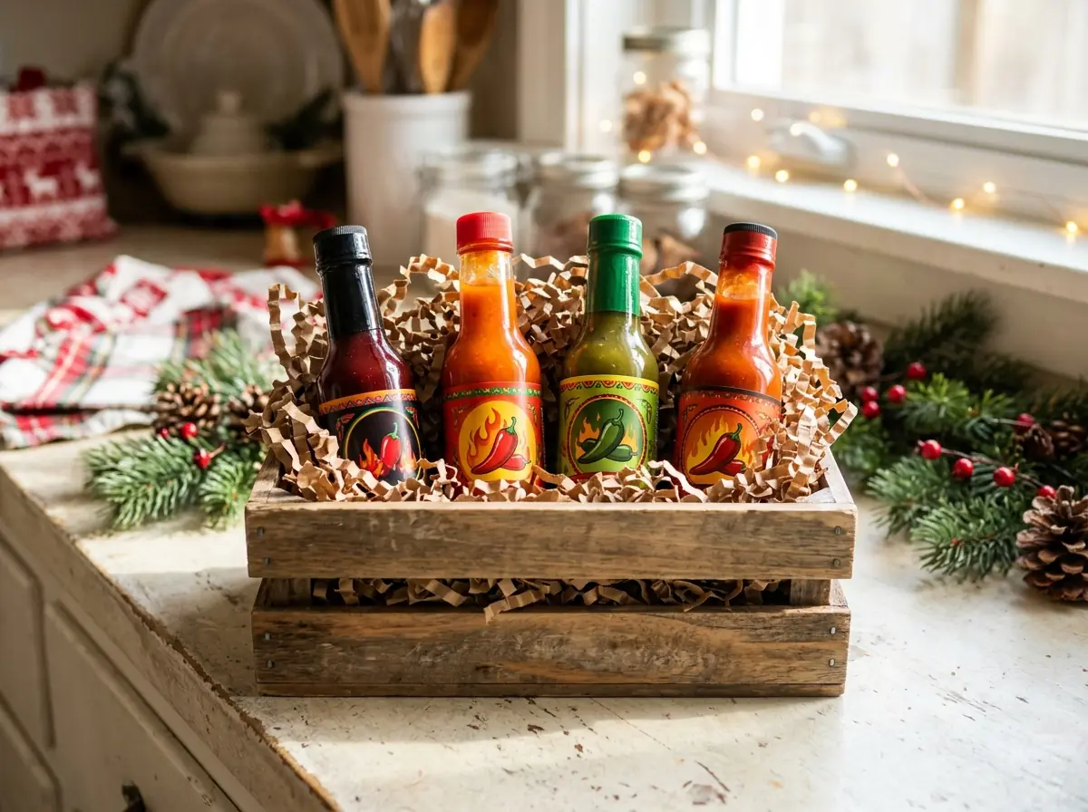 Wooden crate of colourful small-batch hot sauces
