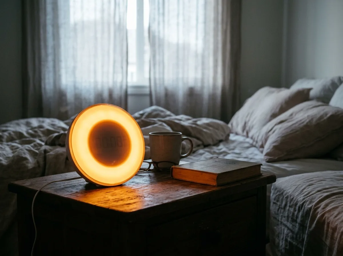 Sunrise simulation alarm clock glowing at dawn