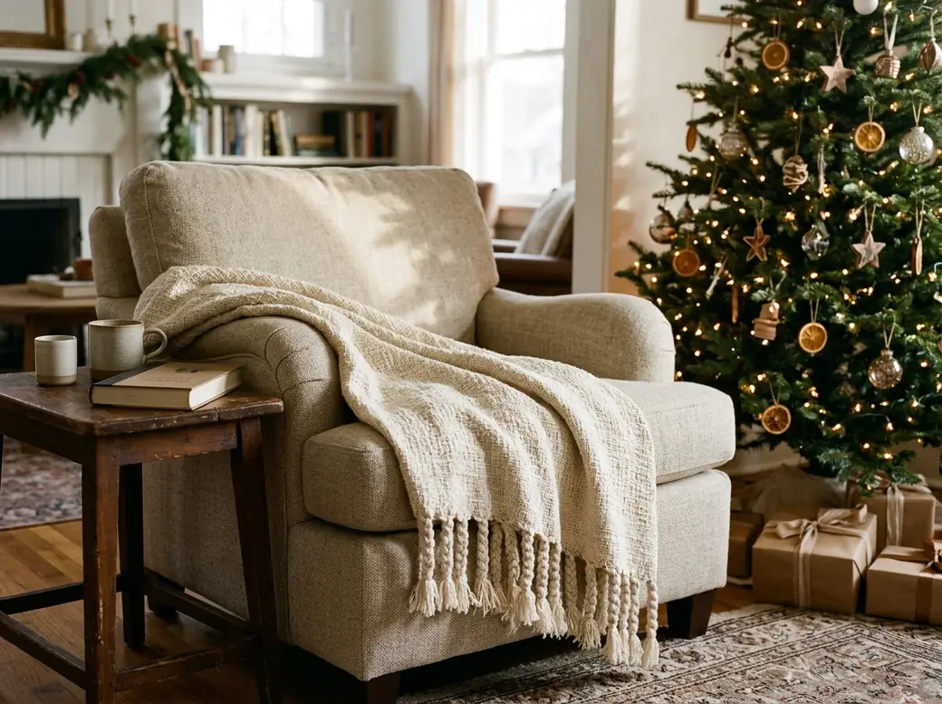 Ecru hand-loomed cotton throw on a sofa