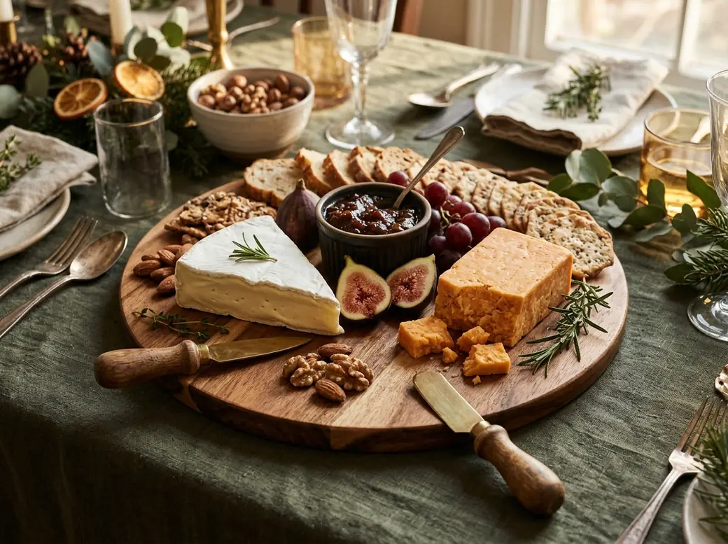 Acacia cheese board with knives and chutney
