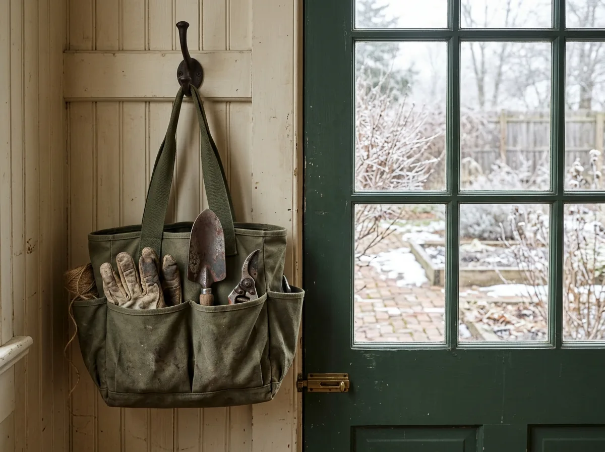 Canvas garden tote filled with hand tools