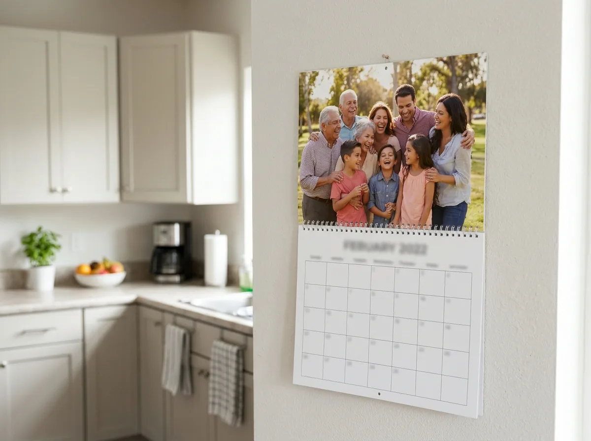 Family photo wall calendar in a kitchen