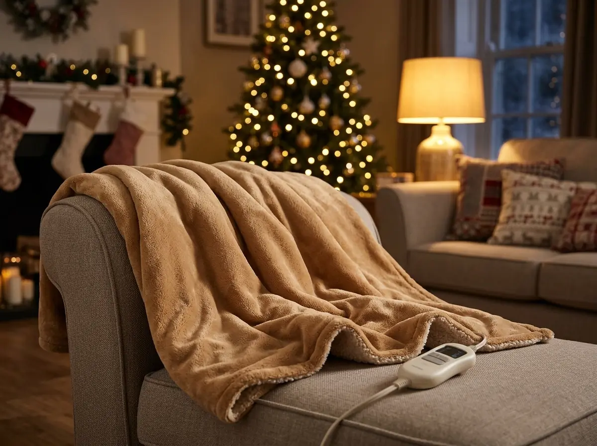 Heated throw blanket draped over a sofa