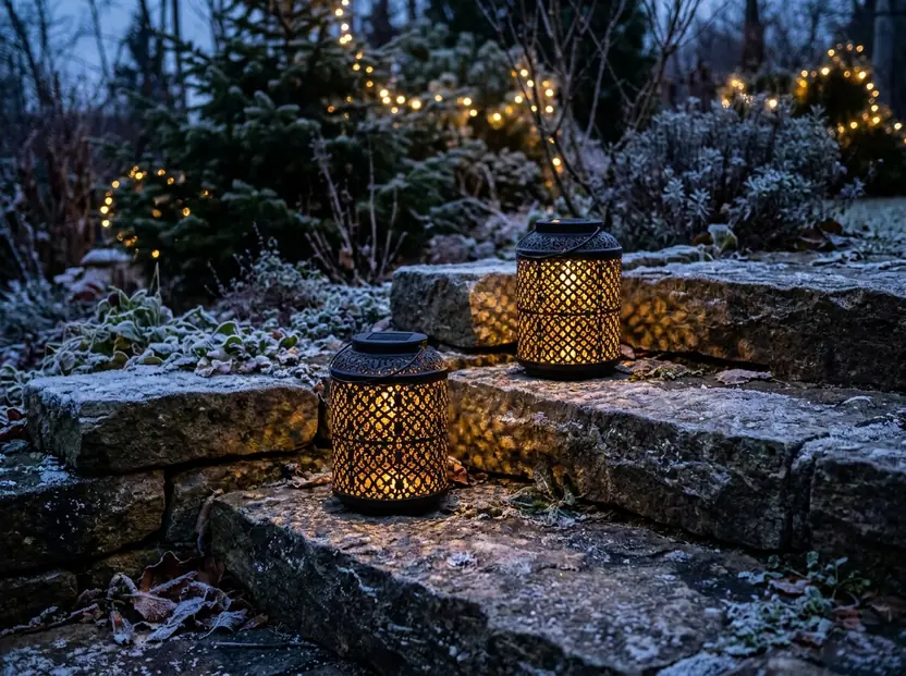 Two solar lanterns glowing on garden steps