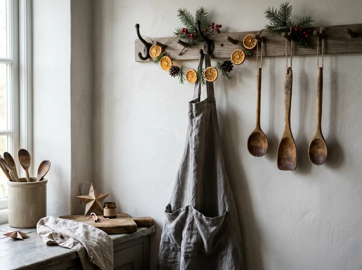 Stone linen apron hanging in a kitchen