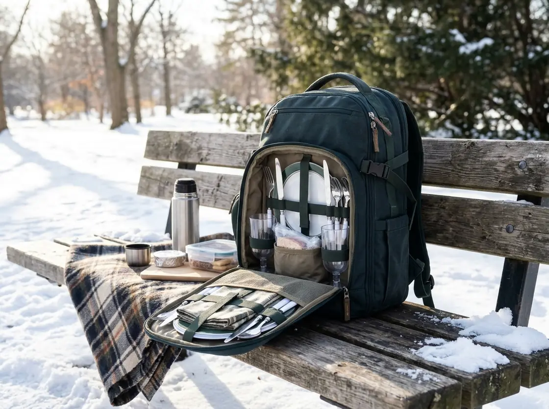 Insulated picnic backpack with plates and glasses