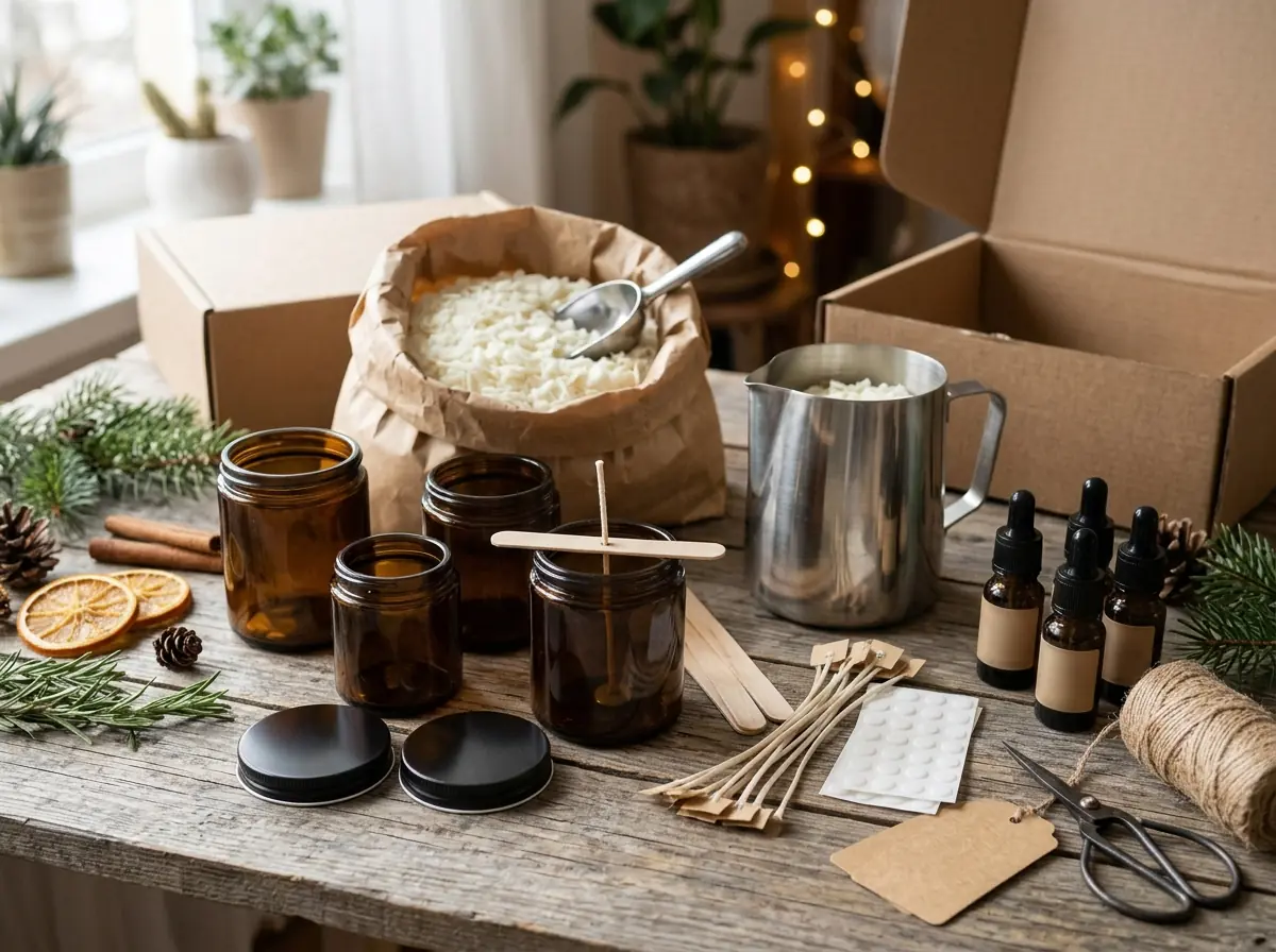Candle-making kit with amber jars and soy wax