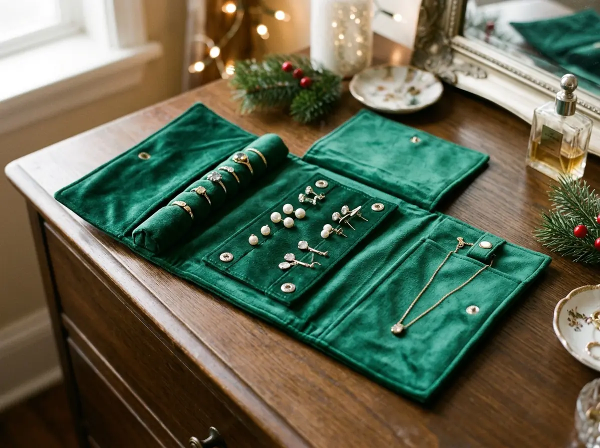Emerald velvet jewellery roll with rings and necklaces