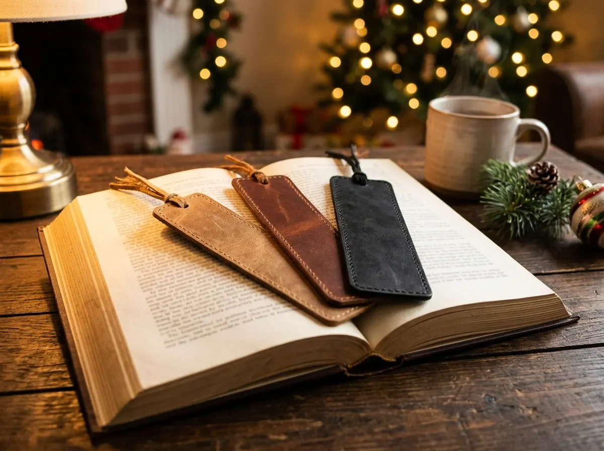 Three leather bookmarks fanned on a book