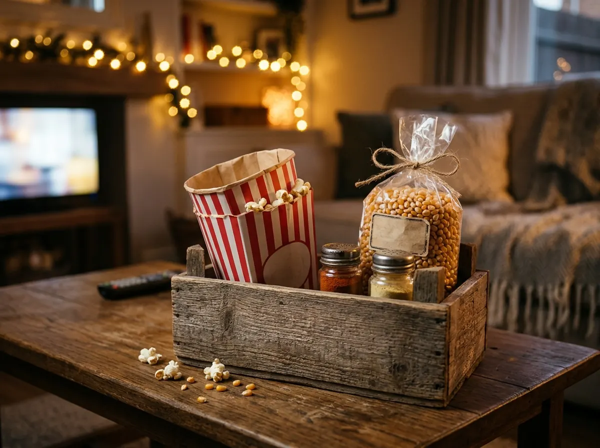 Wooden crate with popcorn tubs and seasonings