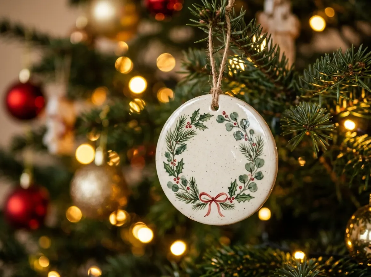 Personalised ceramic ornament hanging on a tree