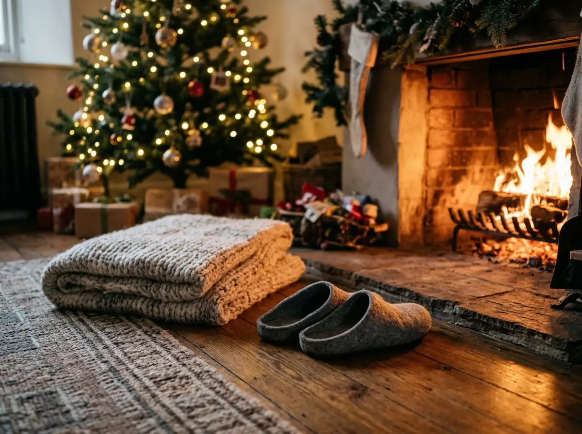 Grey wool felt slippers by a fireplace