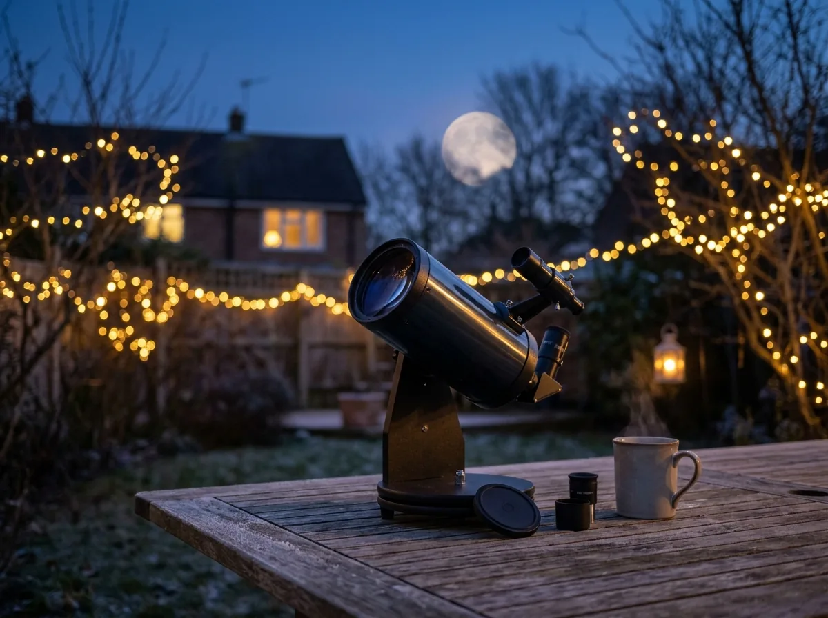 Compact telescope on a table pointing at the sky