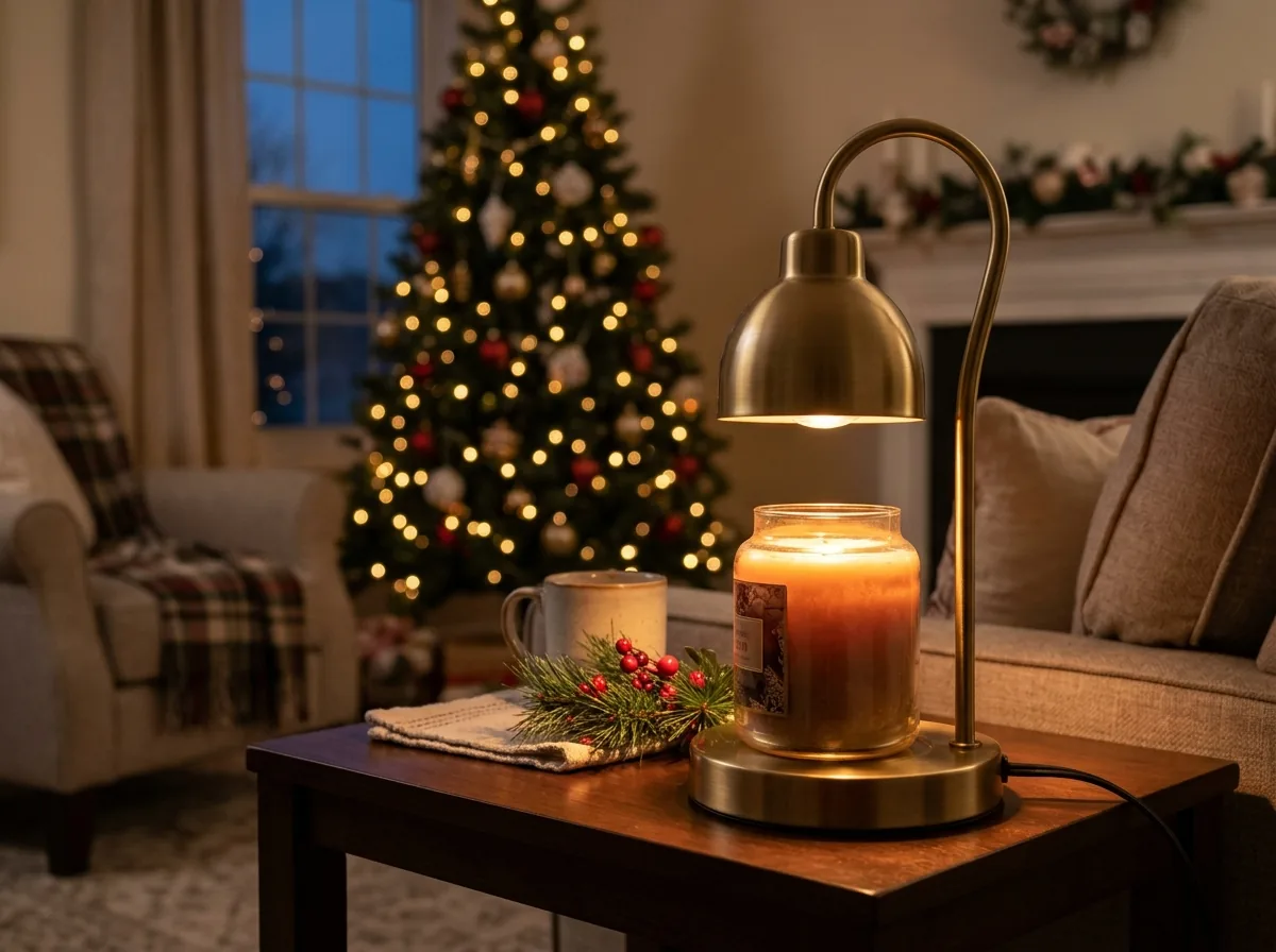 Brass candle warmer lamp glowing on a side table