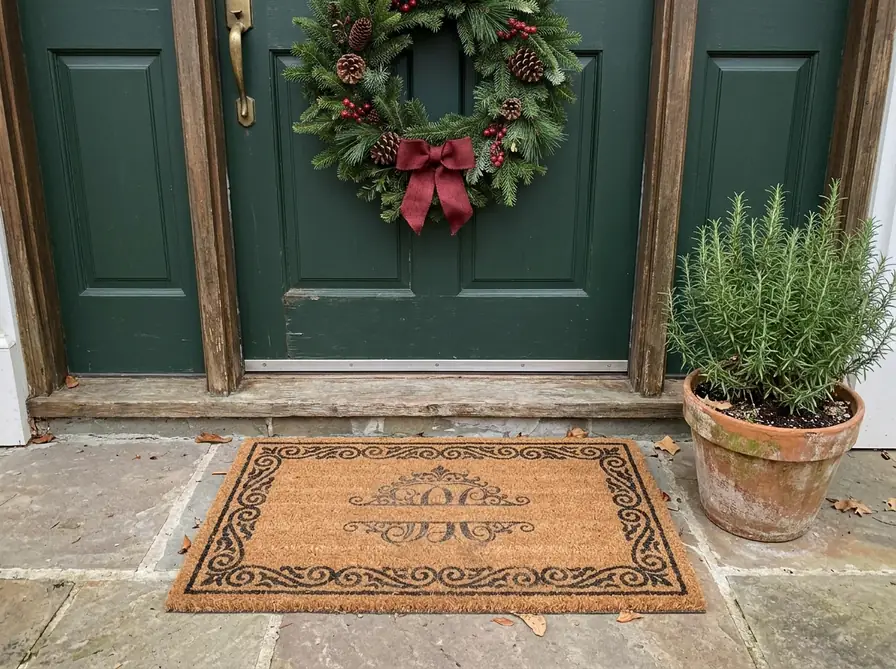 Personalised coir doormat at a front door