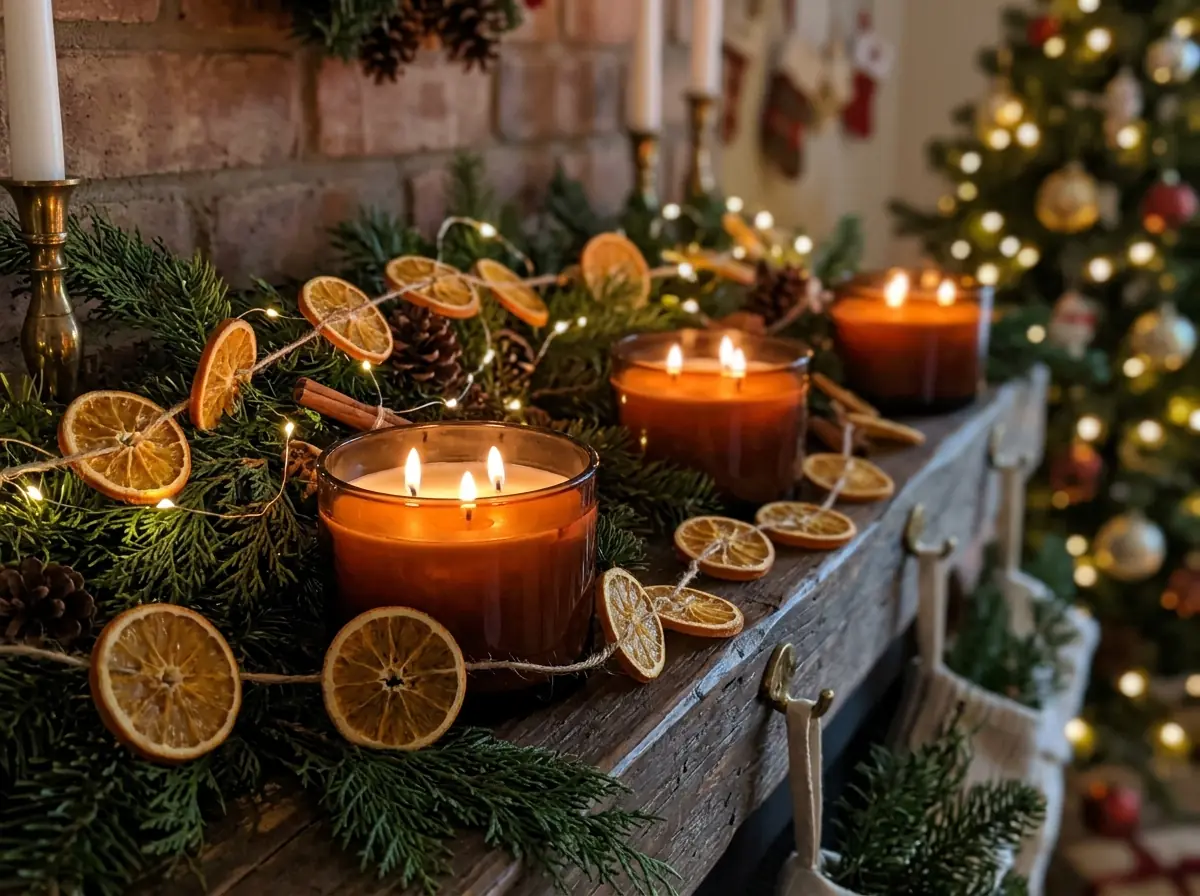 Three amber glass winter candles on a mantel