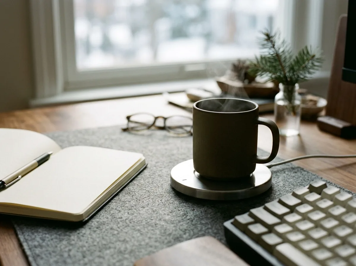 Self-heating mug and warming coaster on a desk