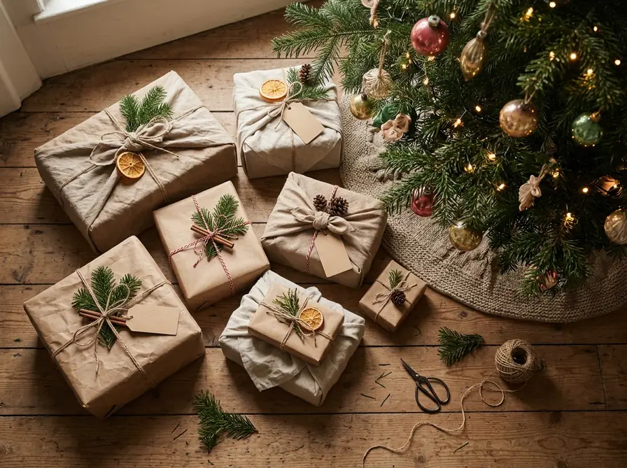 Wrapped Christmas gifts arranged under a tree