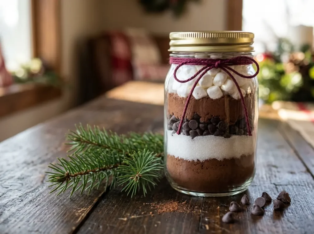 Glass jar of layered hot chocolate with marshmallows and twine