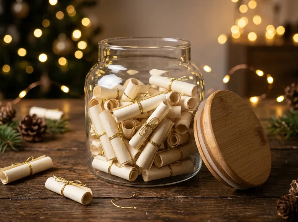 Glass jar filled with rolled paper scrolls tied with gold thread