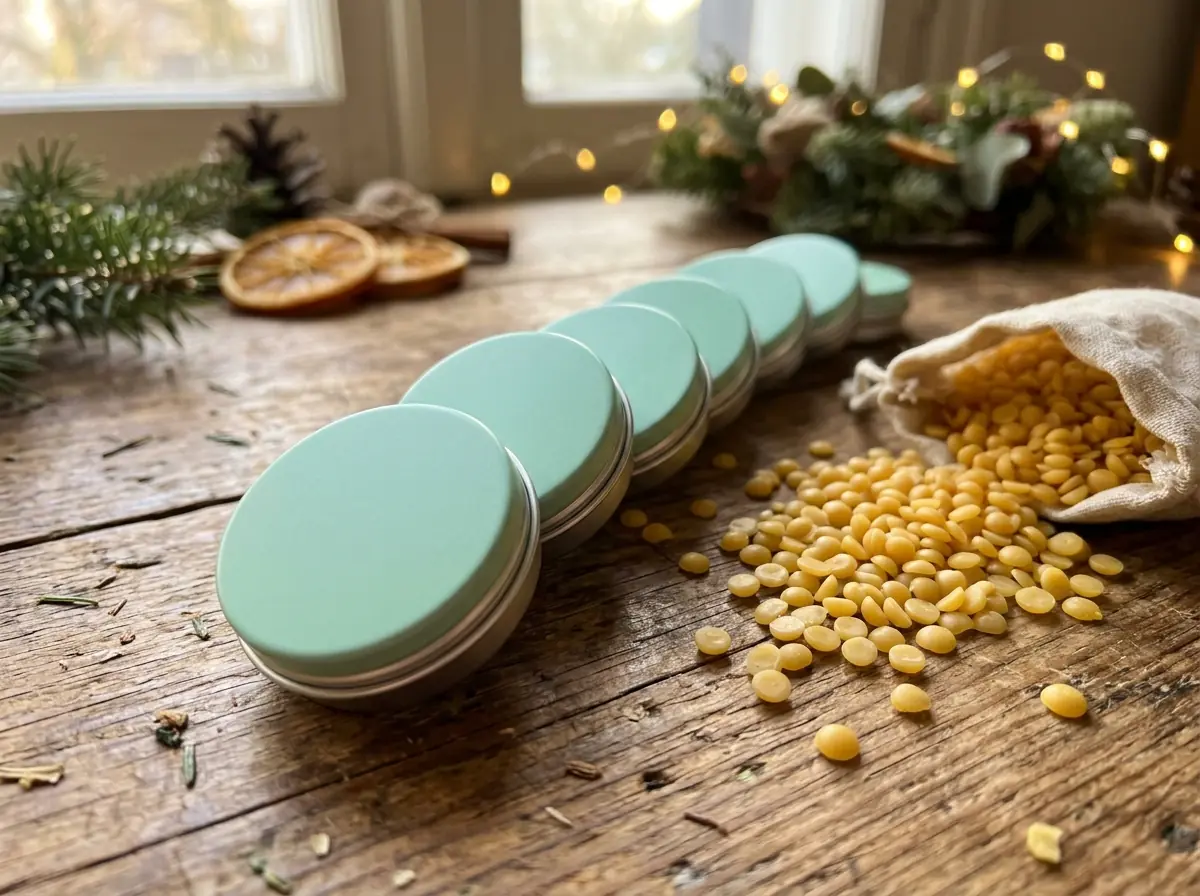 Small round beeswax lip balm tins in a row